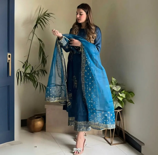 Midnight BLUE  Embroidered  3PC Suit -
